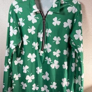 St. Patty’s Day Green Clover Print Quarter-Zip Pullover- Large